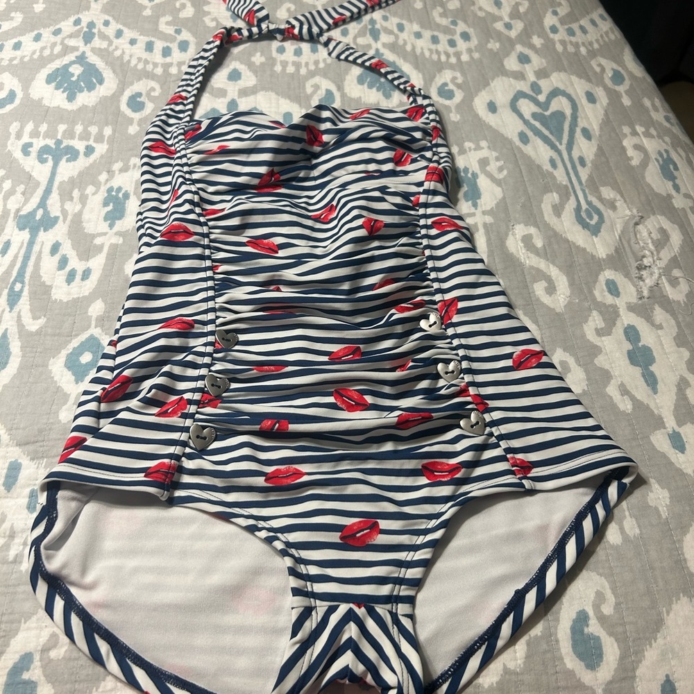 Betsy Johnson Striped Halter Swimsuit with Red Lips, retro pin up, medium